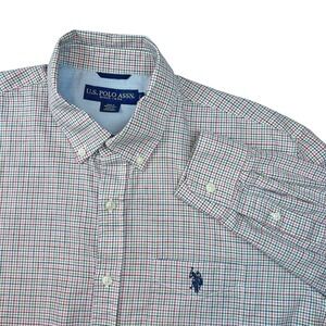 U.S. Polo Assn. Men's Long Sleeve Button-Down Check Shirt White Red Green Large